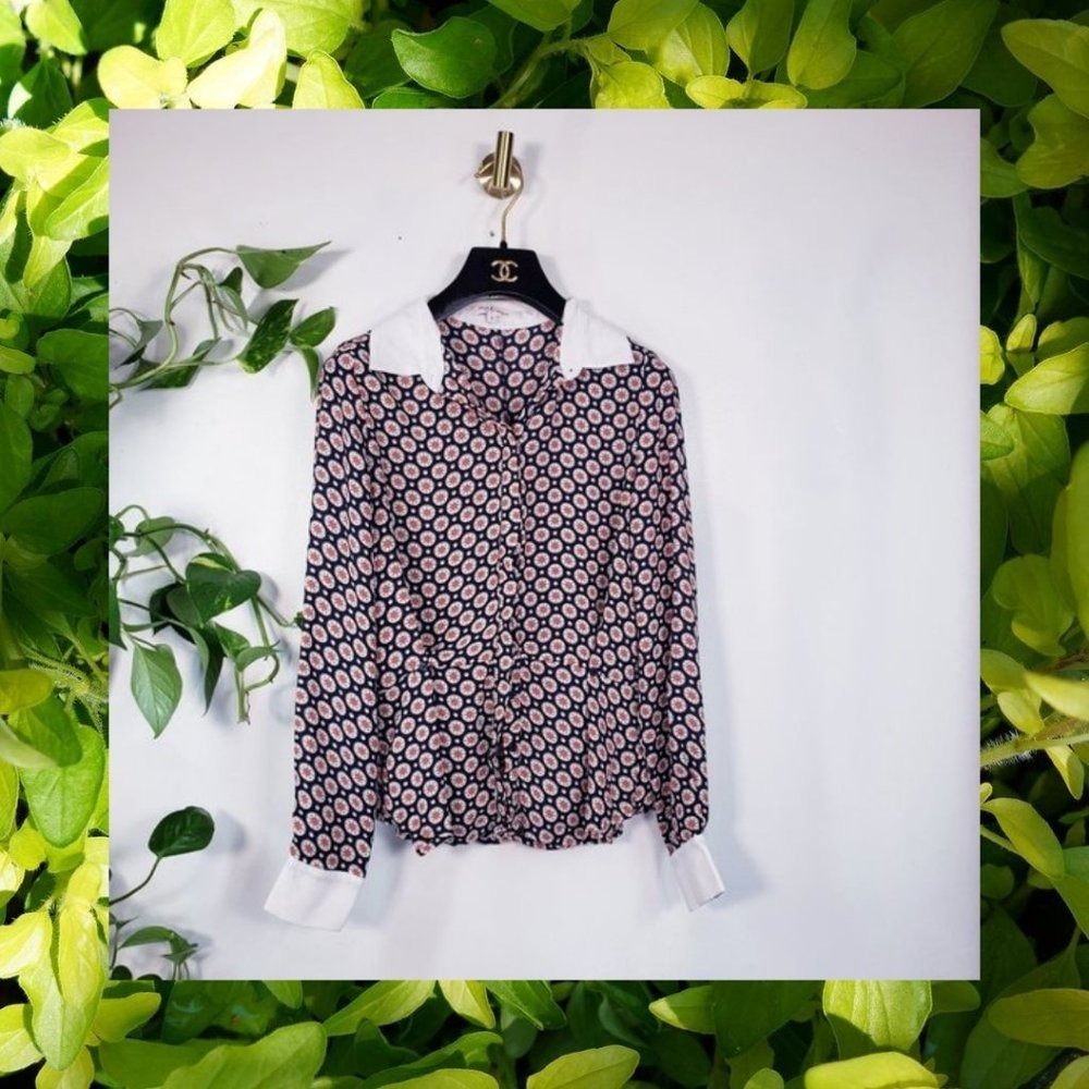 Womens Parisian Blouse SMALL Navy Medallion Contrast Trim Career Shirt MON AMOUR